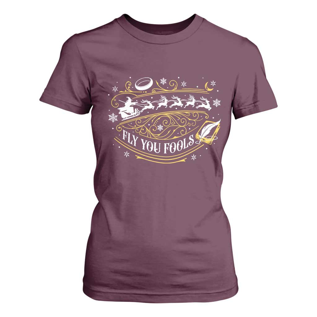 Funny Fly You Fools Christmas T Shirt For Women Fantasy Movie Wizard Santa Sleigh TS11 Maroon Print Your Wear