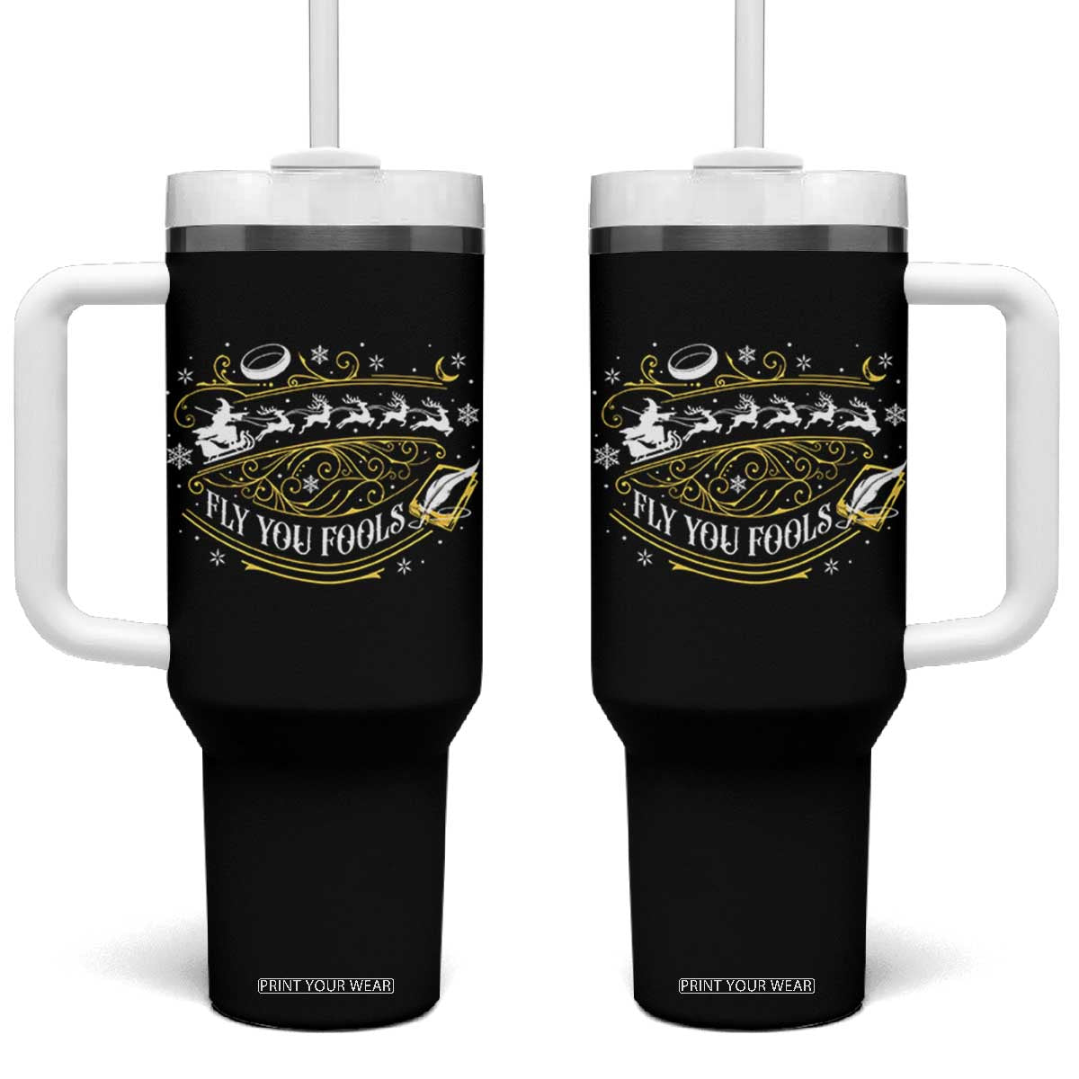 Funny Fly You Fools Christmas Tumbler With Handle Fantasy Movie Wizard Santa Sleigh TS11 One Size: 40 oz Black Print Your Wear