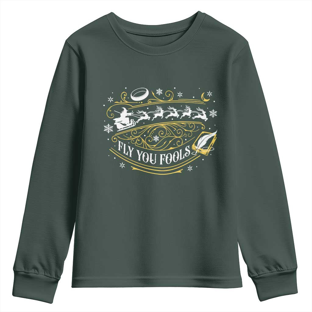 Funny Fly You Fools Christmas Youth Sweatshirt Fantasy Movie Wizard Santa Sleigh TS11 Dark Forest Green Print Your Wear