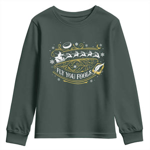 Funny Fly You Fools Christmas Youth Sweatshirt Fantasy Movie Wizard Santa Sleigh TS11 Dark Forest Green Print Your Wear