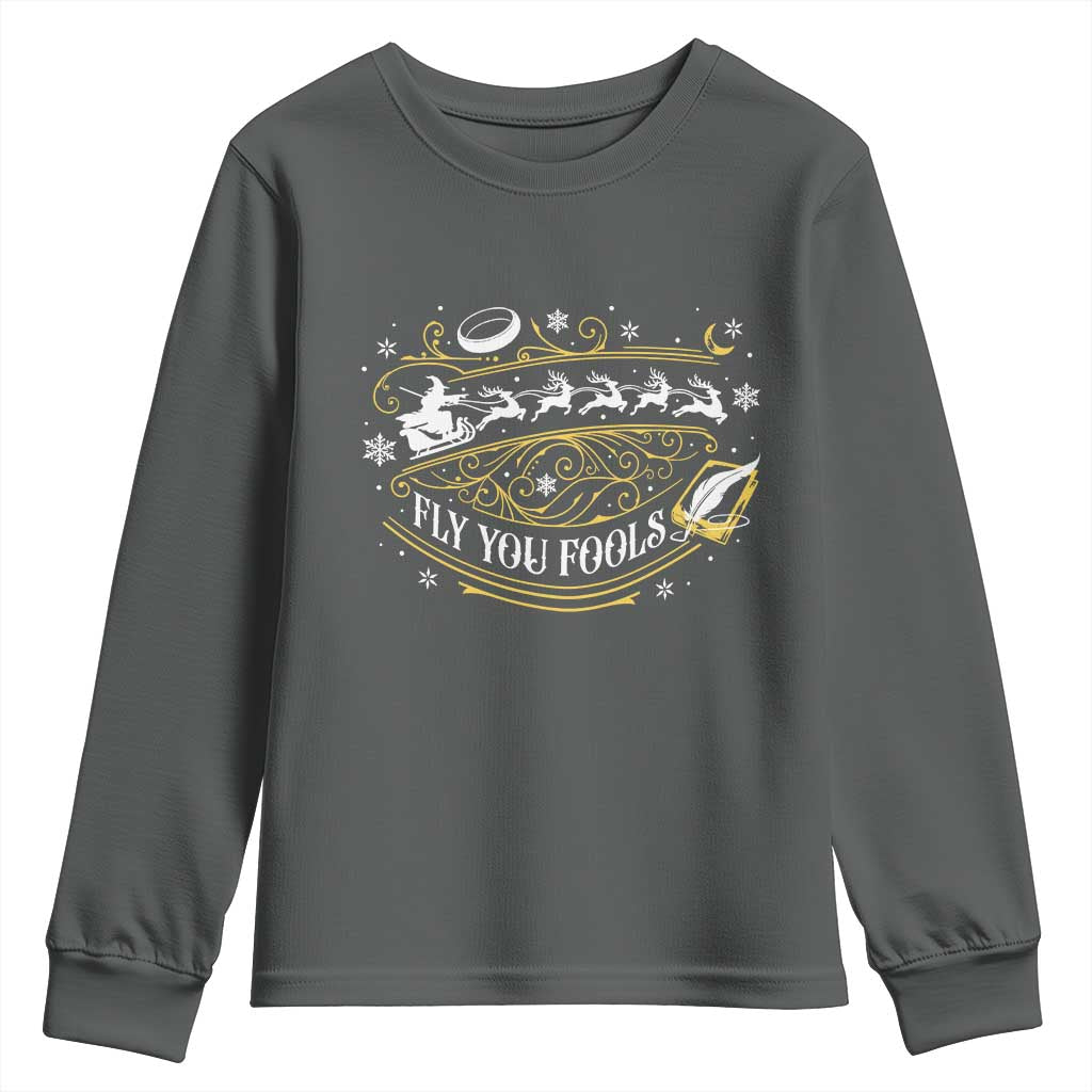 Funny Fly You Fools Christmas Youth Sweatshirt Fantasy Movie Wizard Santa Sleigh TS11 Dark Heather Print Your Wear
