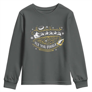 Funny Fly You Fools Christmas Youth Sweatshirt Fantasy Movie Wizard Santa Sleigh TS11 Dark Heather Print Your Wear
