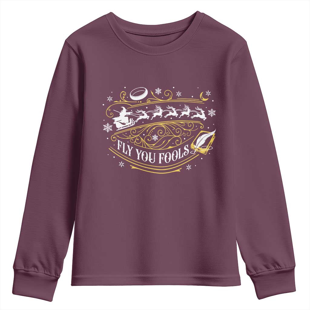 Funny Fly You Fools Christmas Youth Sweatshirt Fantasy Movie Wizard Santa Sleigh TS11 Maroon Print Your Wear