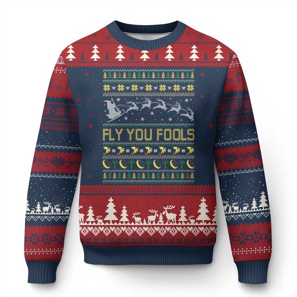 Funny Fly You Fools Xmas Ugly Christmas Sweater Fantasy Movie Xmas Wizard Santa TS11 Navy Red Print Your Wear
