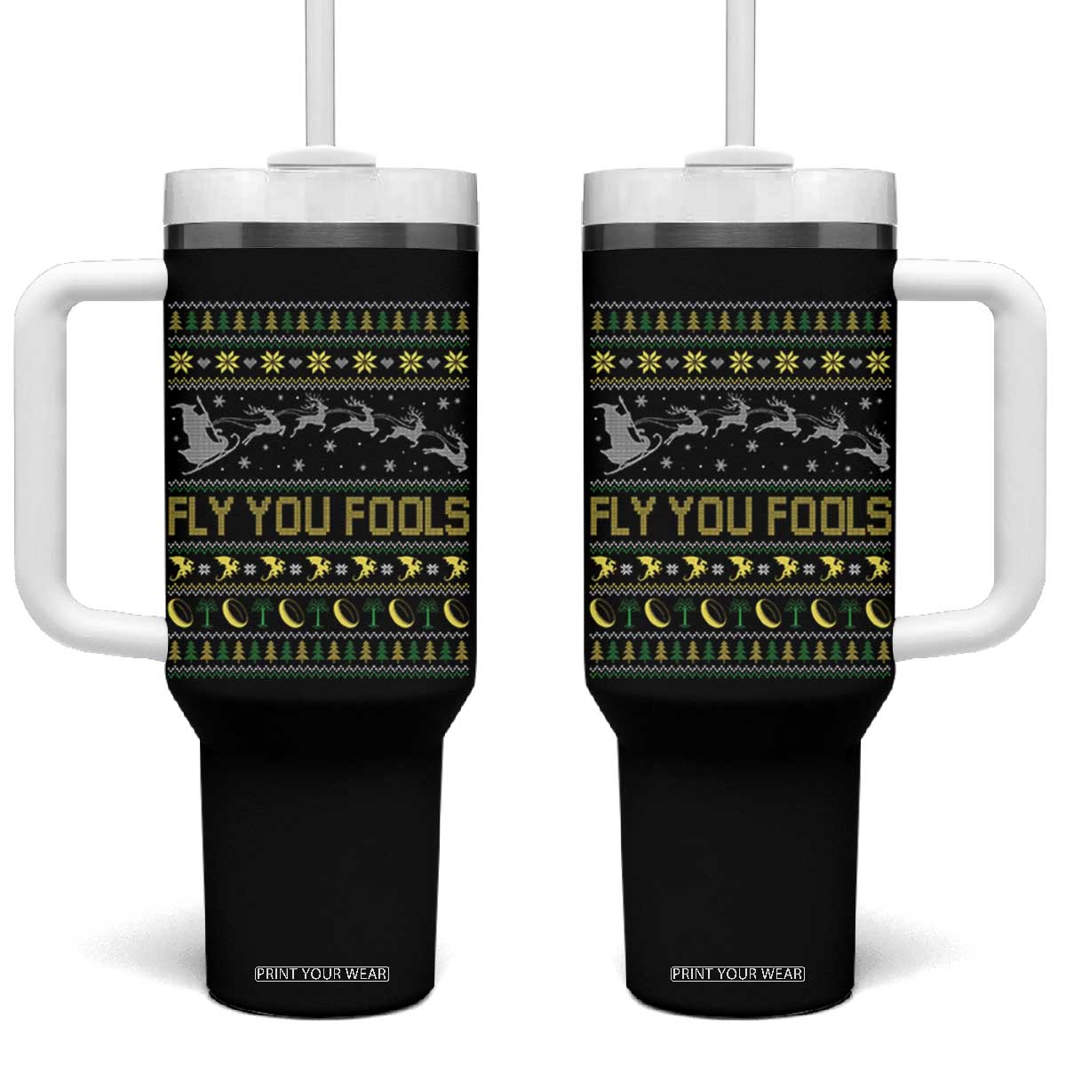 Funny Fly You Fools Christmas Tumbler With Handle Fantasy Movie Xmas Wizard Santa TS11 One Size: 40 oz Black Print Your Wear