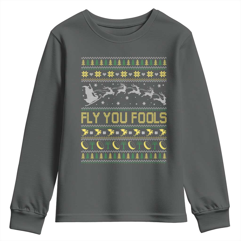 Funny Fly You Fools Christmas Youth Sweatshirt Fantasy Movie Xmas Wizard Santa TS11 Dark Heather Print Your Wear
