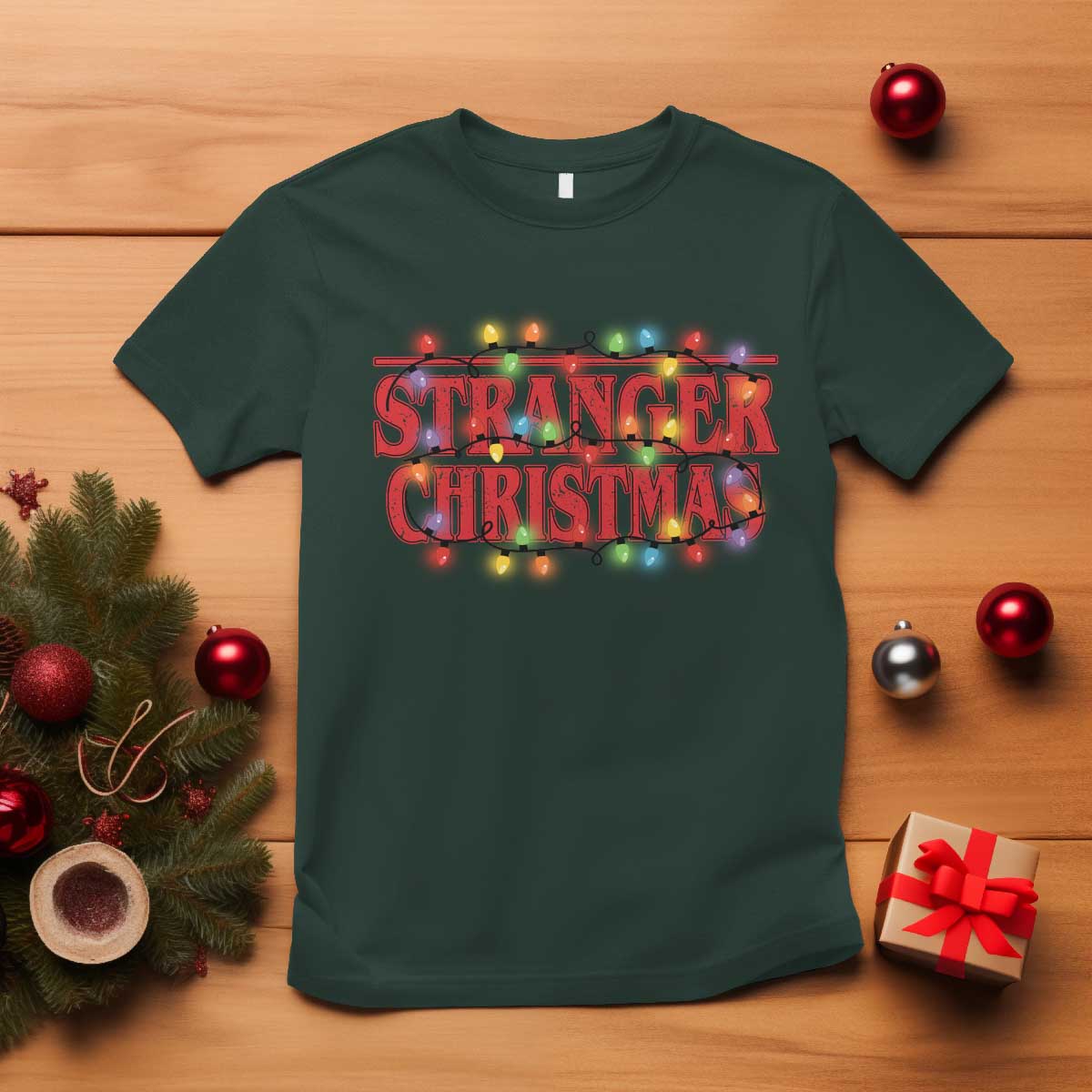 Stranger Christmas T Shirt Funny Xmas Alphabet Neon Lights Movie TS11 Dark Forest Green Print Your Wear