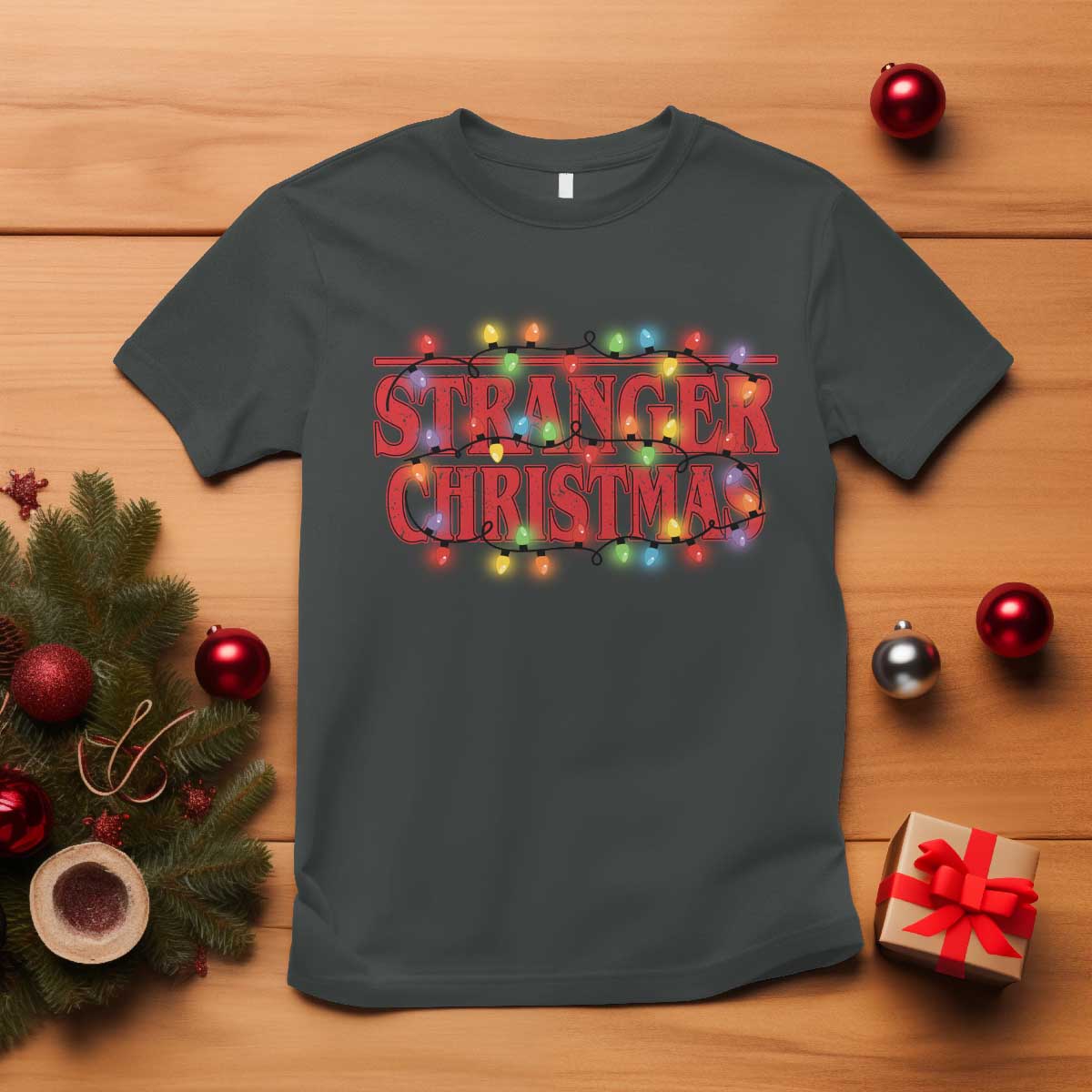 Stranger Christmas T Shirt Funny Xmas Alphabet Neon Lights Movie TS11 Dark Heather Print Your Wear