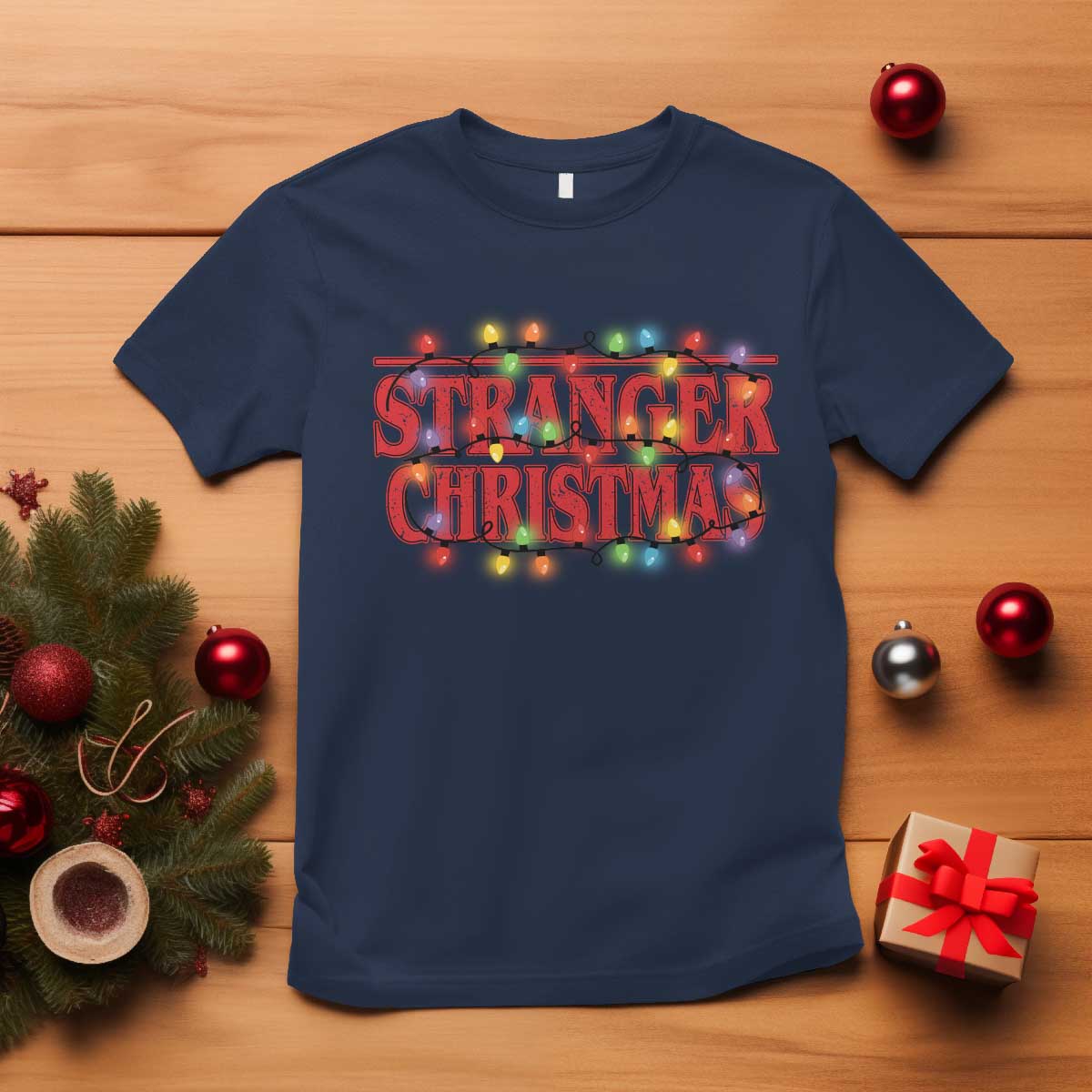 Stranger Christmas T Shirt Funny Xmas Alphabet Neon Lights Movie TS11 Navy Print Your Wear