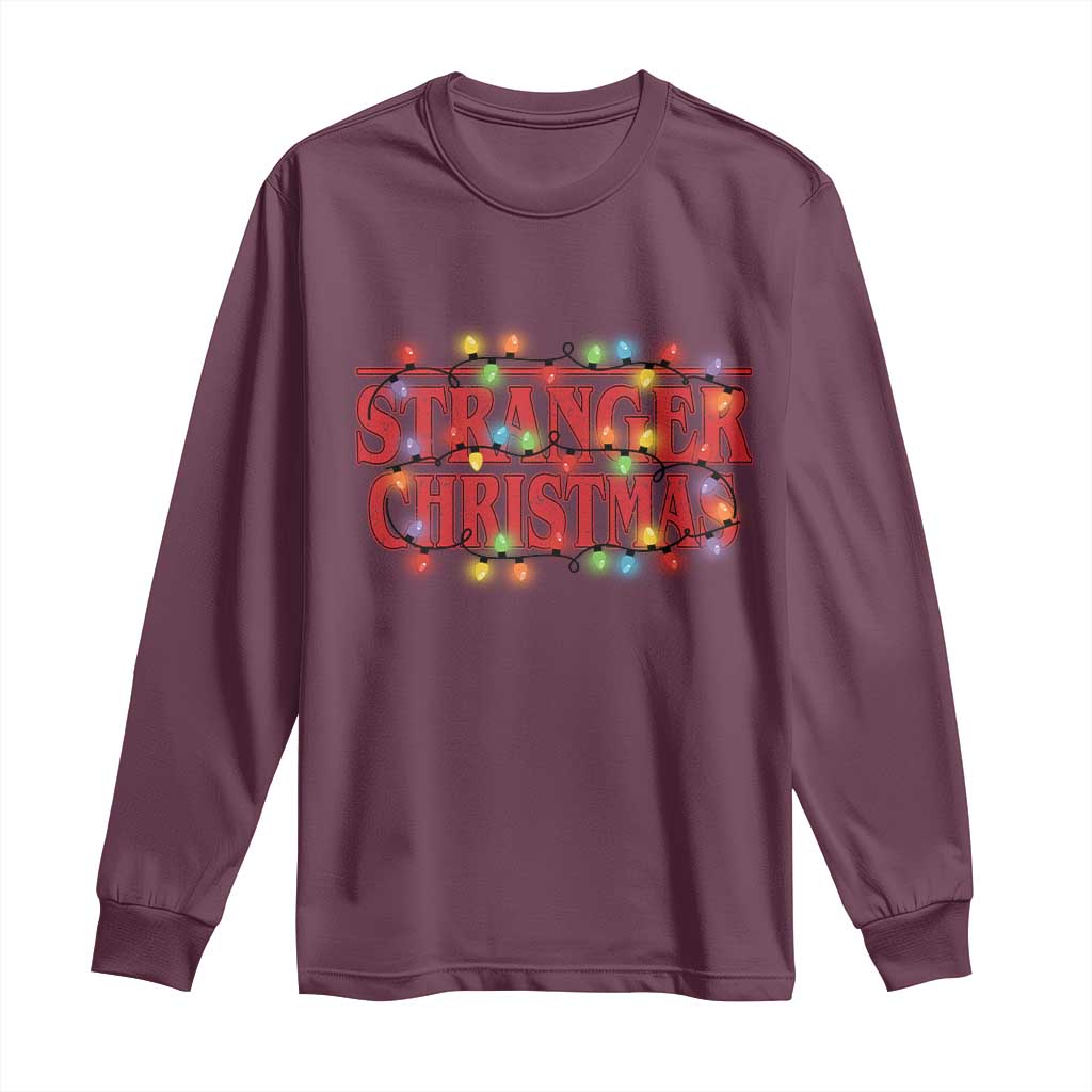 Stranger Christmas Long Sleeve Shirt Funny Xmas Alphabet Neon Lights Movie TS11 Maroon Print Your Wear