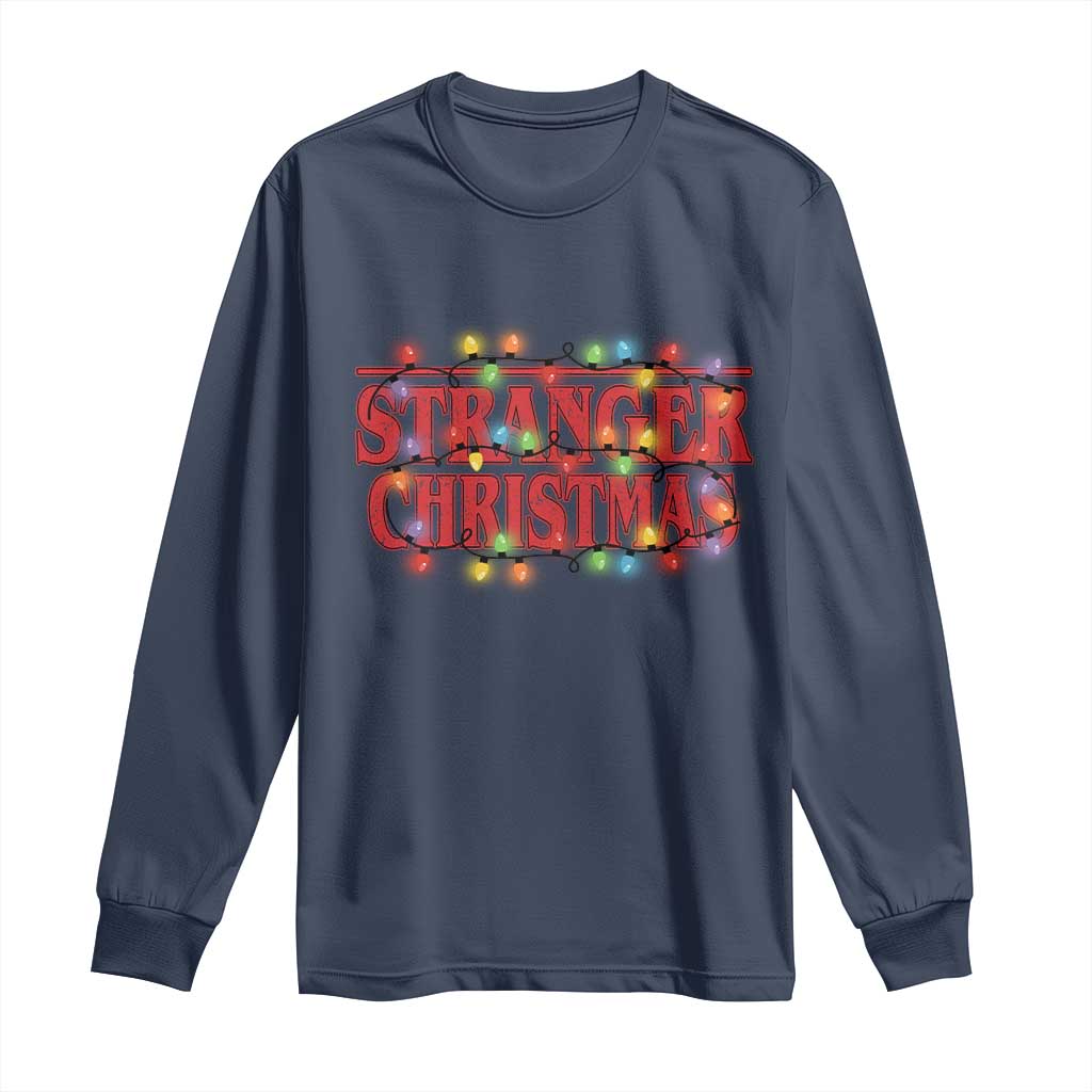 Stranger Christmas Long Sleeve Shirt Funny Xmas Alphabet Neon Lights Movie TS11 Navy Print Your Wear