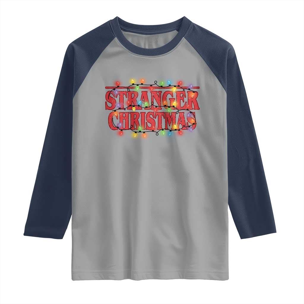 Stranger Christmas Raglan Shirt Funny Xmas Alphabet Neon Lights Movie TS11 Sport Gray Navy Print Your Wear