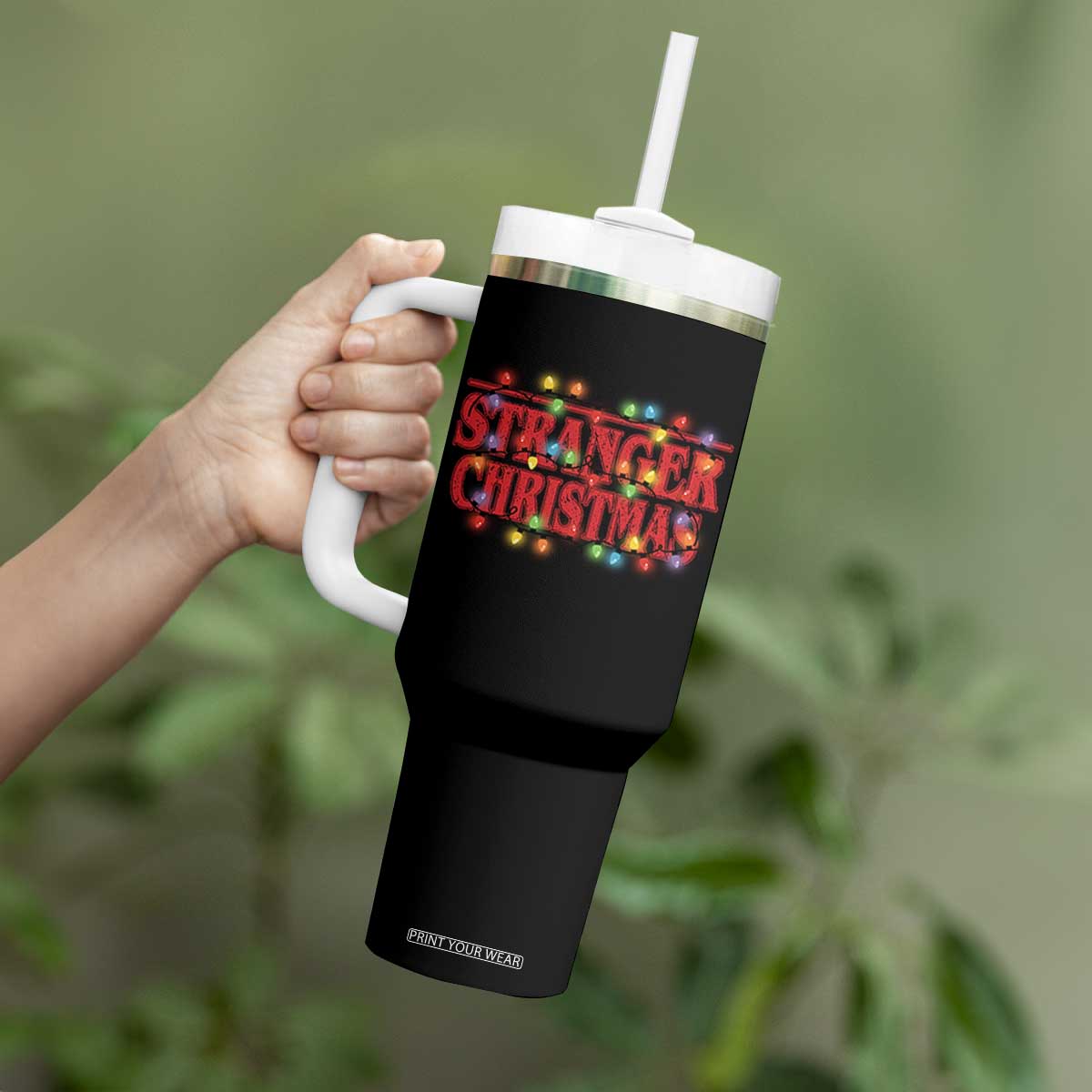 Stranger Christmas Tumbler With Handle Funny Xmas Alphabet Neon Lights Movie TS11 Print Your Wear