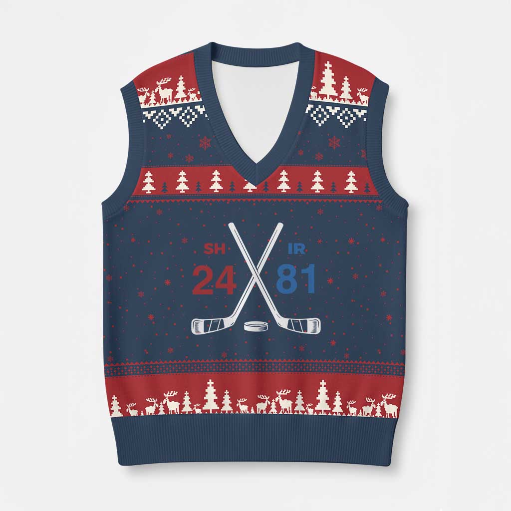 Funny Romance Hockey V-Neck Knit Sweater Vest 24 81 Numbers Sport Ice Hockey Team TS11 Navy Red Print Your Wear