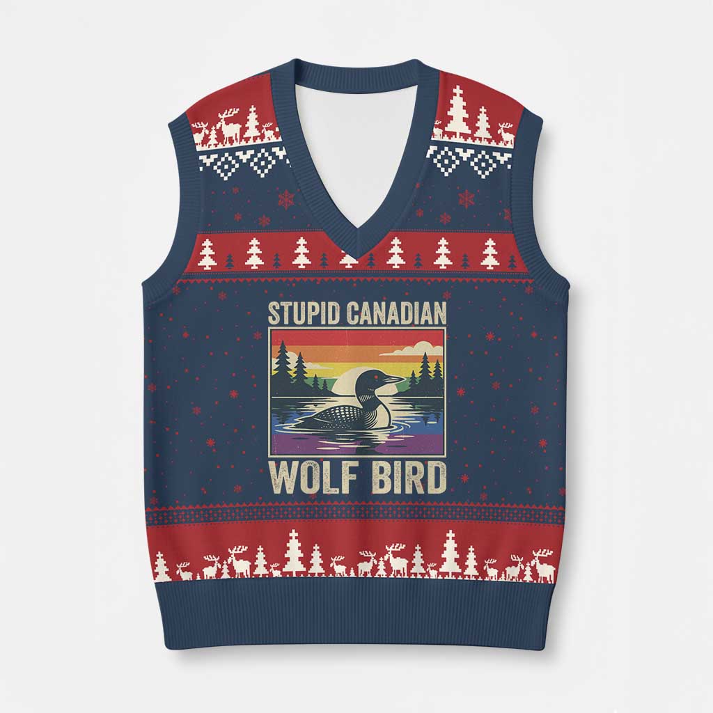 Stupid Canadian Wolf Bird V-Neck Knit Sweater Vest Funny Common Loon Meme LGBT Hockey TS11 Navy Red Print Your Wear