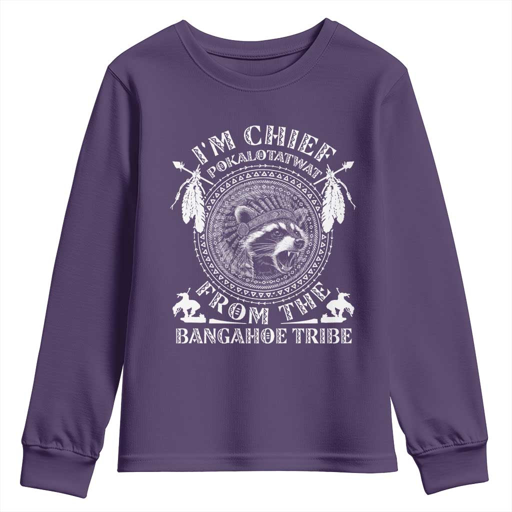 I Am Chief Pokalotatwat From The Bangahoe Tribe Youth Sweatshirt Funny Indigenous Native Raccoon TS11 Purple Print Your Wear