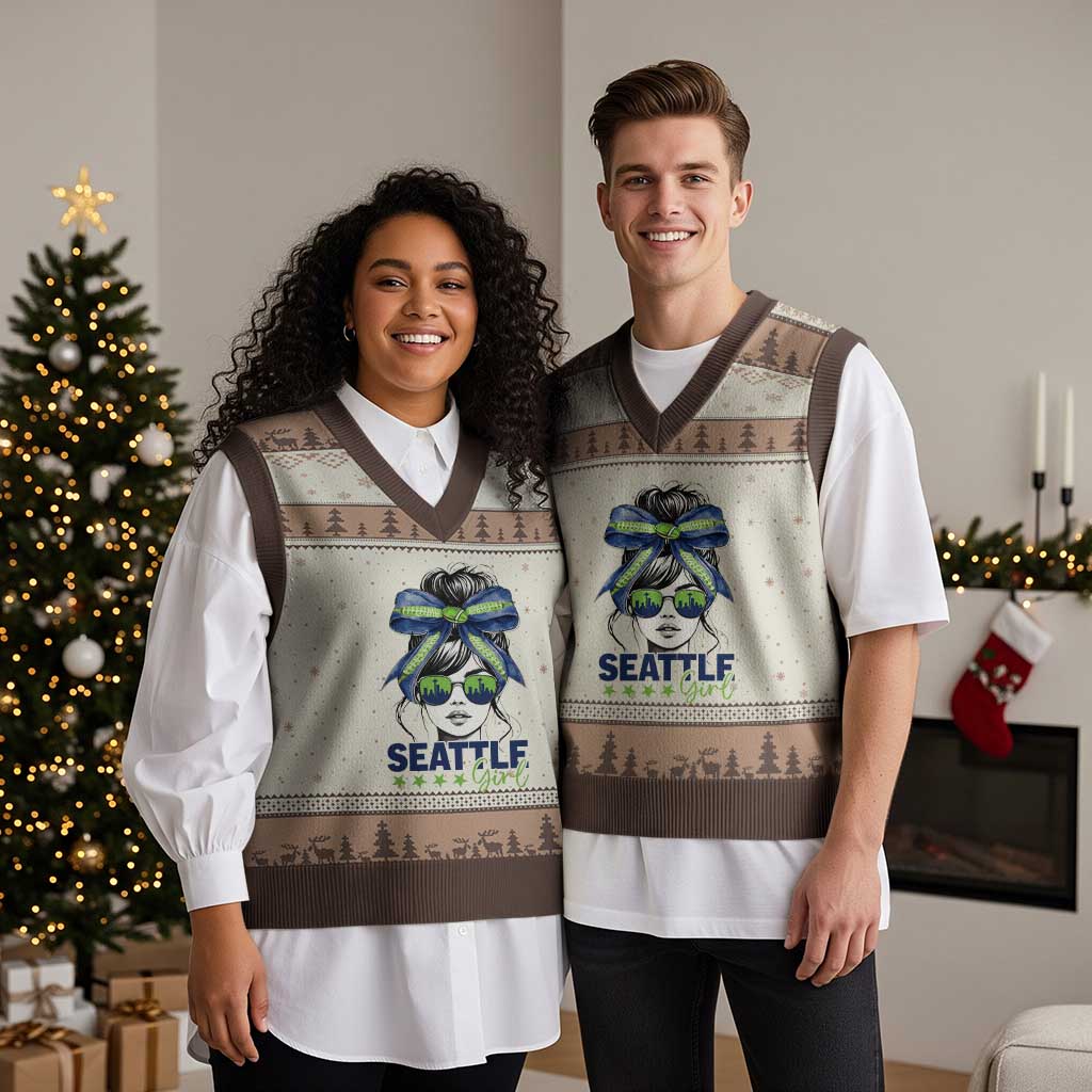 Seattle Girl V-Neck Knit Sweater Vest Funny Sport Fan Game Day Messy Bun TS11 Mocha Mousse Print Your Wear