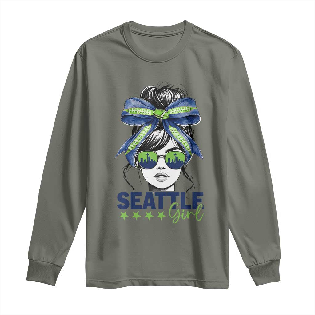 Seattle Girl Long Sleeve Shirt Funny Sport Fan Game Day Messy Bun TS11 Military Green Print Your Wear