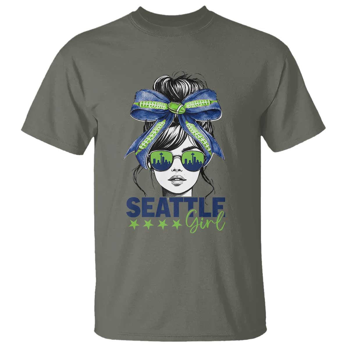 Seattle Girl T Shirt Funny Sport Fan Game Day Messy Bun TS11 Military Green Print Your Wear