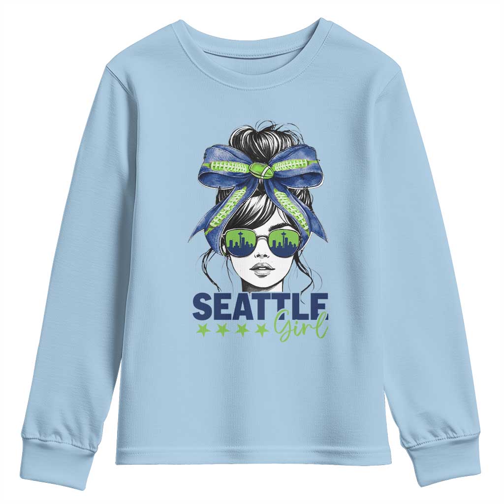 Seattle Girl Youth Sweatshirt Funny Sport Fan Game Day Messy Bun TS11 Light Blue Print Your Wear