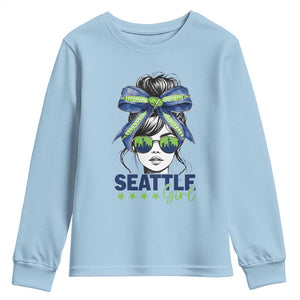 Seattle Girl Youth Sweatshirt Funny Sport Fan Game Day Messy Bun TS11 Light Blue Print Your Wear