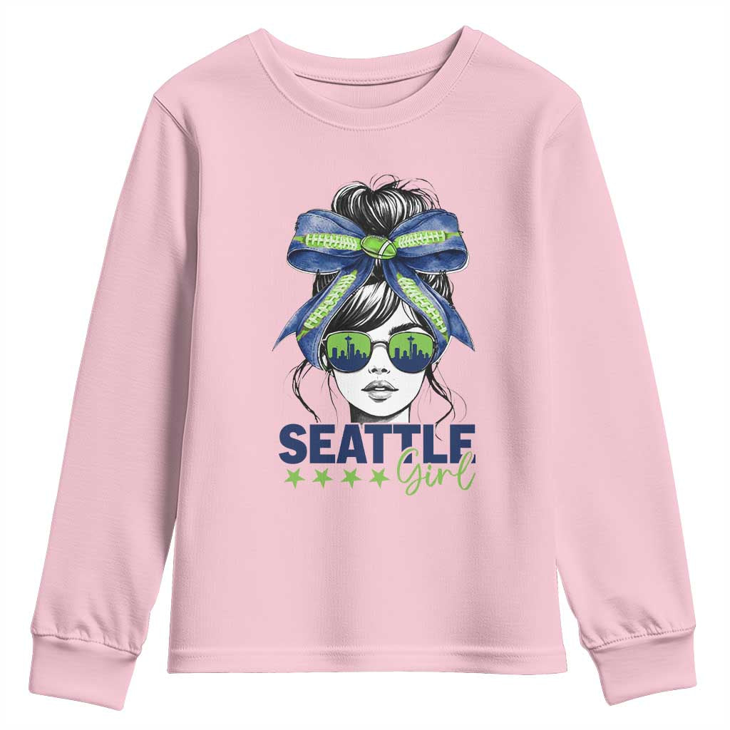 Seattle Girl Youth Sweatshirt Funny Sport Fan Game Day Messy Bun TS11 Light Pink Print Your Wear