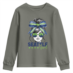 Seattle Girl Youth Sweatshirt Funny Sport Fan Game Day Messy Bun TS11 Military Green Print Your Wear