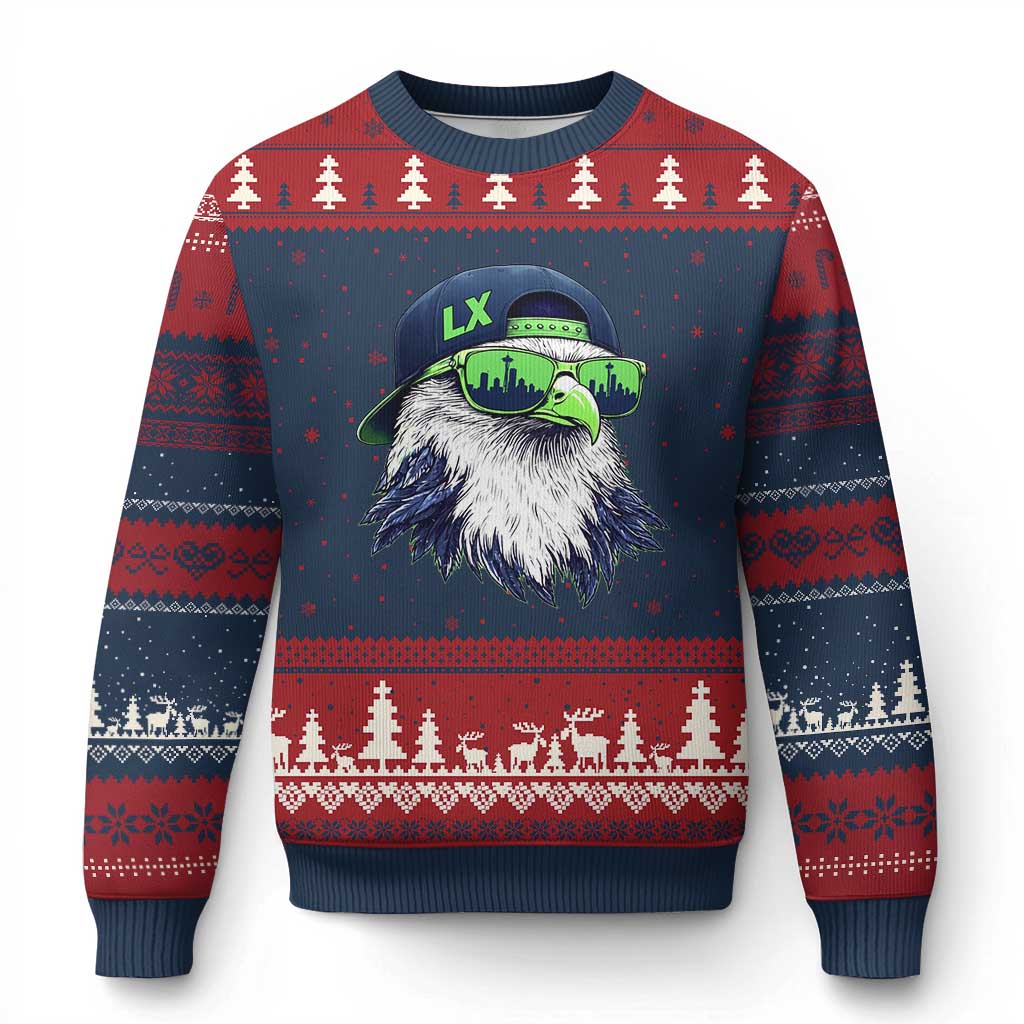 Vintage Hawk Graphic LX Cap Seattle Skyline Game Day Ugly Christmas Sweater TS11 Navy Red Print Your Wear