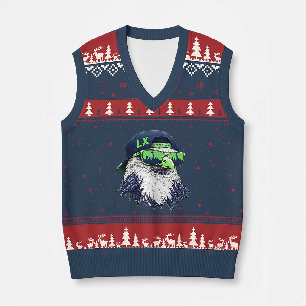 Vintage Hawk Graphic LX Cap Seattle Skyline Game Day V-Neck Knit Sweater Vest TS11 Navy Red Print Your Wear
