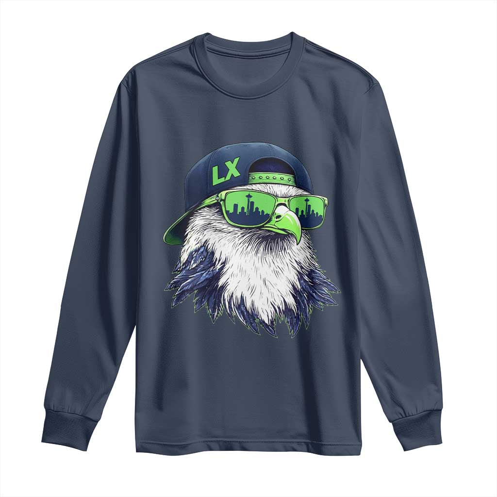 Vintage Hawk Graphic LX Cap Seattle Skyline Game Day Long Sleeve Shirt TS11 Navy Print Your Wear