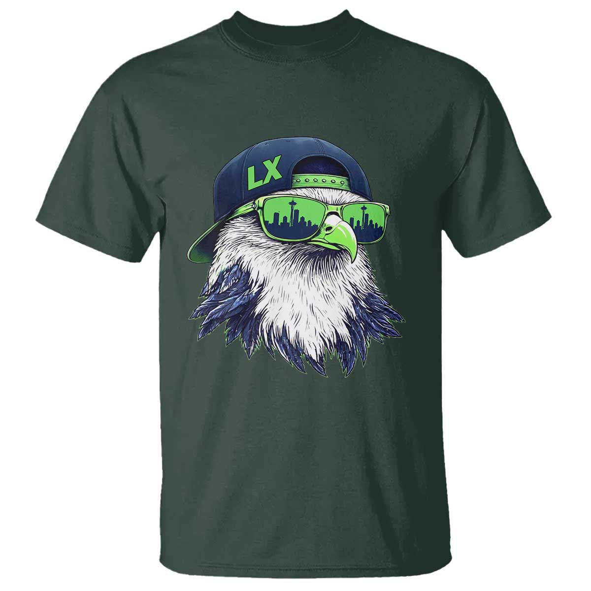 Vintage Hawk Graphic LX Cap Seattle Skyline Game Day T Shirt TS11 Dark Forest Green Print Your Wear