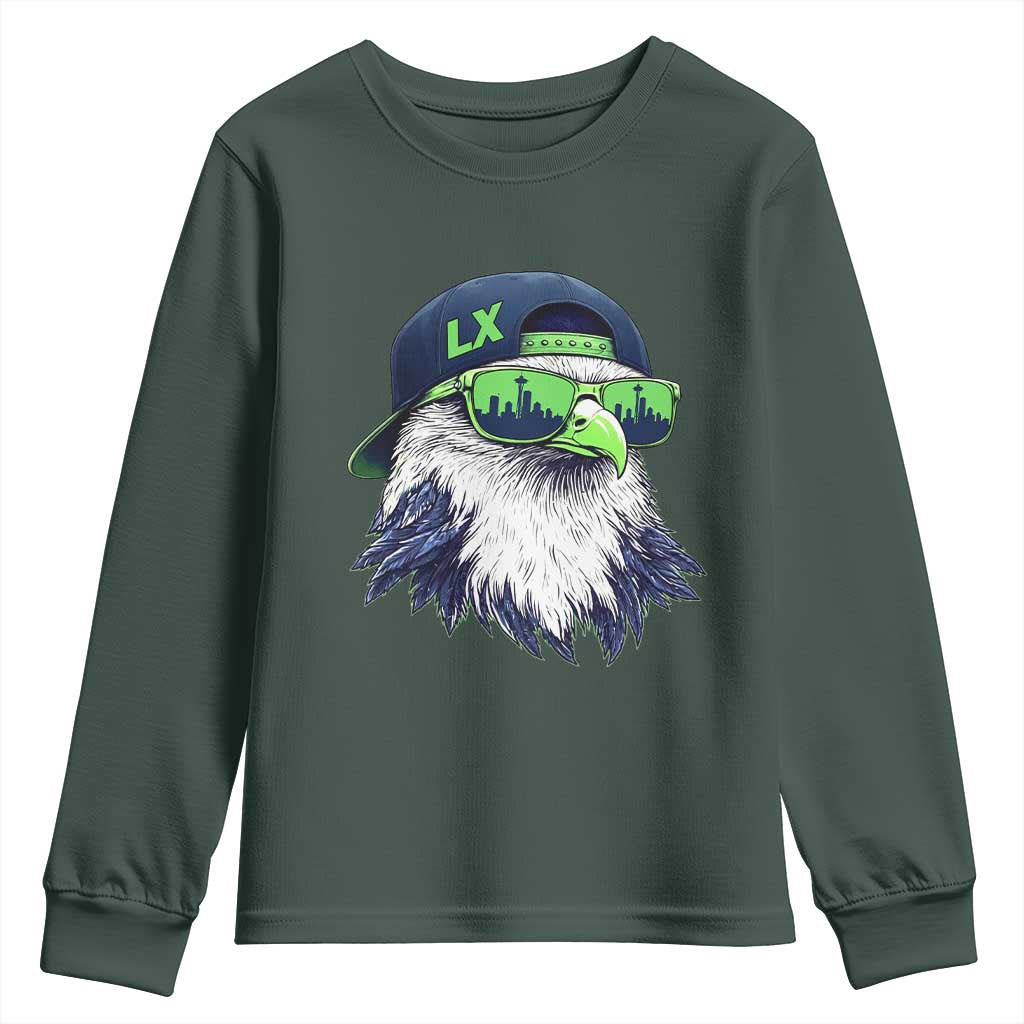 Vintage Hawk Graphic LX Cap Seattle Skyline Game Day Youth Sweatshirt TS11 Dark Forest Green Print Your Wear
