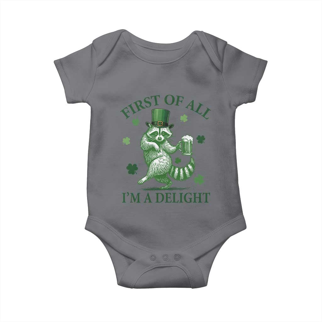Funny St Patricks Day Raccoon Baby Onesie First Of All I Am A Delight Trash Panda Drinking Beer TS11 Charcoal Print Your Wear