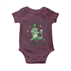Funny St Patricks Day Raccoon Baby Onesie First Of All I Am A Delight Trash Panda Drinking Beer TS11 Maroon Print Your Wear