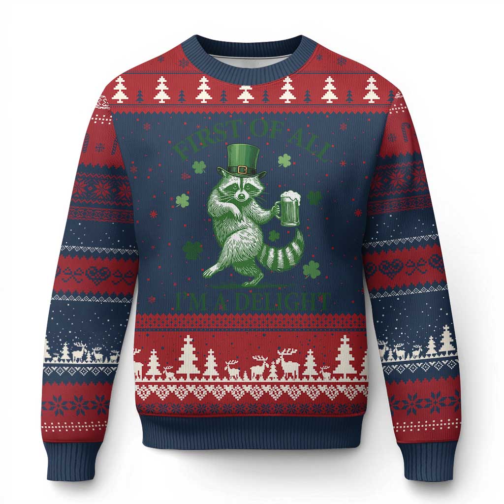 Funny St Patricks Day Raccoon Ugly Christmas Sweater First Of All I Am A Delight Trash Panda Drinking Beer TS11 Navy Red Print Your Wear