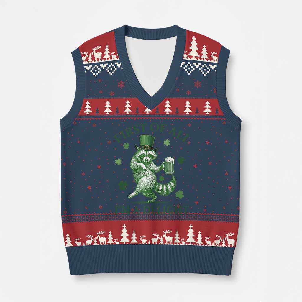 Funny St Patricks Day Raccoon V-Neck Knit Sweater Vest First Of All I Am A Delight Trash Panda Drinking Beer TS11 Navy Red Print Your Wear