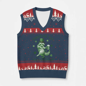Funny St Patricks Day Raccoon V-Neck Knit Sweater Vest First Of All I Am A Delight Trash Panda Drinking Beer TS11 Navy Red Print Your Wear