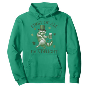 Funny St Patricks Day Raccoon Hoodie First Of All I Am A Delight Trash Panda Drinking Beer TS11 Irish Green Print Your Wear