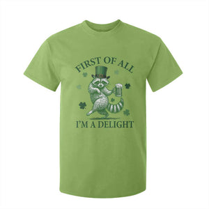 Funny St Patricks Day Raccoon T Shirt For Kid First Of All I Am A Delight Trash Panda Drinking Beer TS11 Lime Print Your Wear