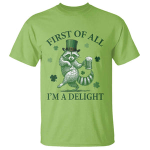 Funny St Patricks Day Raccoon T Shirt First Of All I Am A Delight Trash Panda Drinking Beer TS11 Lime Print Your Wear