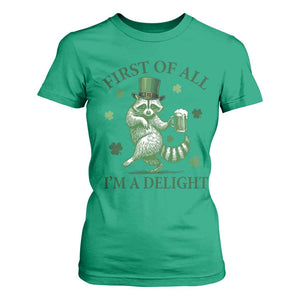 Funny St Patricks Day Raccoon T Shirt For Women First Of All I Am A Delight Trash Panda Drinking Beer TS11 Irish Green Print Your Wear