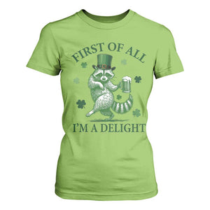 Funny St Patricks Day Raccoon T Shirt For Women First Of All I Am A Delight Trash Panda Drinking Beer TS11 Lime Print Your Wear