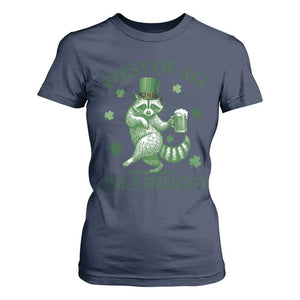 Funny St Patricks Day Raccoon T Shirt For Women First Of All I Am A Delight Trash Panda Drinking Beer TS11 Navy Print Your Wear