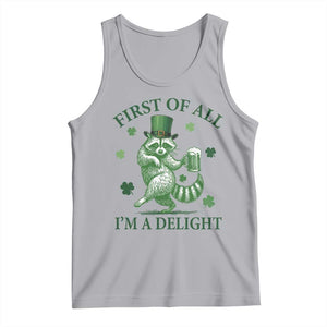 Funny St Patricks Day Raccoon Tank Top First Of All I Am A Delight Trash Panda Drinking Beer TS11 Athletic Heather Print Your Wear