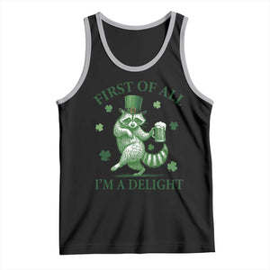 Funny St Patricks Day Raccoon Tank Top First Of All I Am A Delight Trash Panda Drinking Beer TS11 Black Athletic Heather Print Your Wear