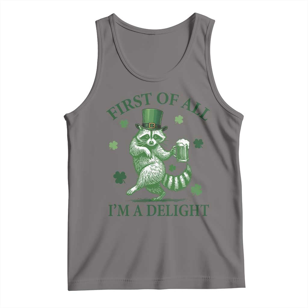 Funny St Patricks Day Raccoon Tank Top First Of All I Am A Delight Trash Panda Drinking Beer TS11 Deep Heather Print Your Wear
