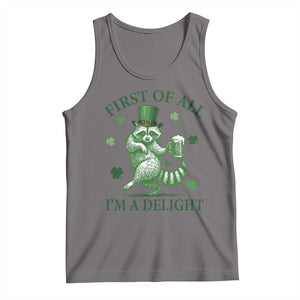 Funny St Patricks Day Raccoon Tank Top First Of All I Am A Delight Trash Panda Drinking Beer TS11 Deep Heather Print Your Wear
