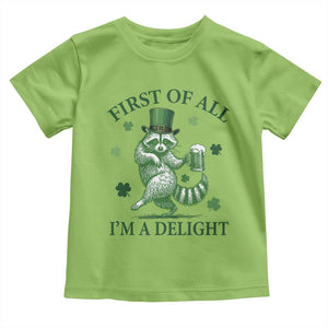 Funny St Patricks Day Raccoon Toddler T Shirt First Of All I Am A Delight Trash Panda Drinking Beer TS11 Lime Print Your Wear