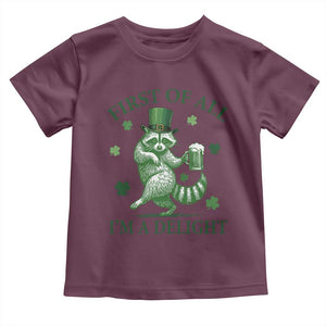 Funny St Patricks Day Raccoon Toddler T Shirt First Of All I Am A Delight Trash Panda Drinking Beer TS11 Maroon Print Your Wear