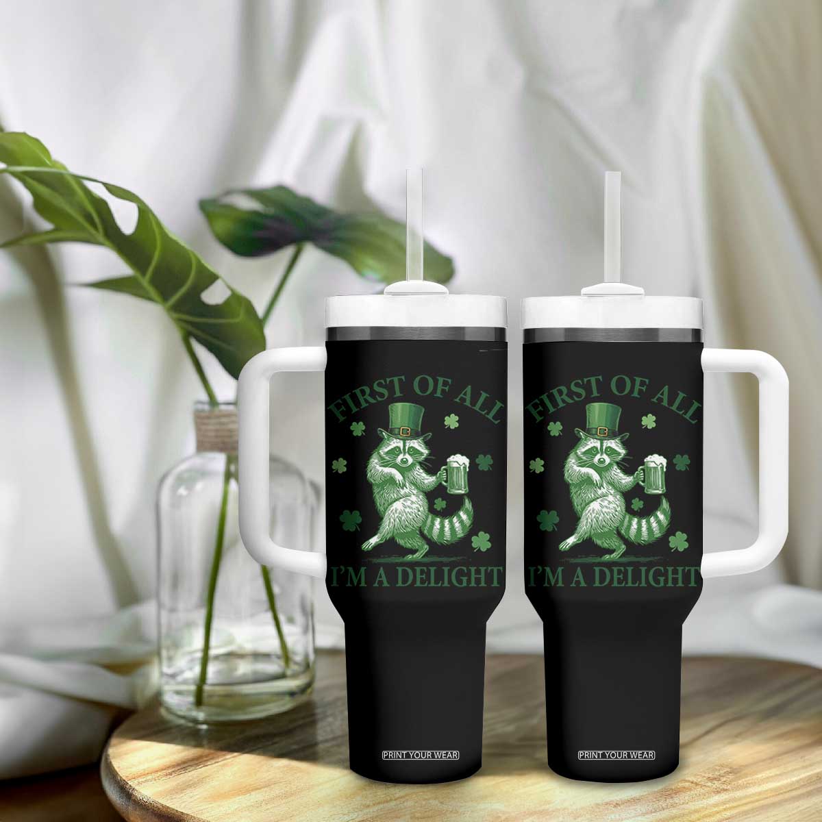 Funny St Patricks Day Raccoon Tumbler With Handle First Of All I Am A Delight Trash Panda Drinking Beer TS11 Print Your Wear